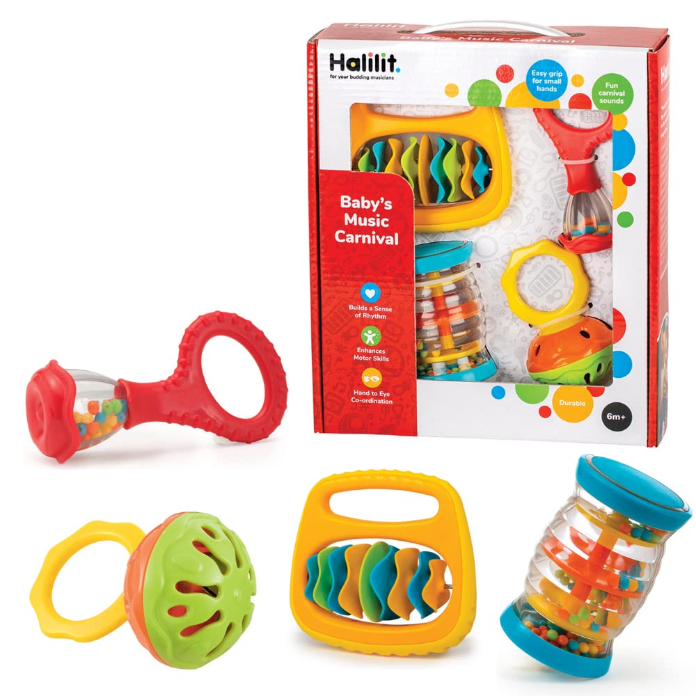 Halilit Baby's Music Carnival Gift Set. Musical Instruments for Babies includes Cage Bell, Baby Maraca, Clip Clap Rattle and Rainboshaker. Suitable for Boys & Girls from 6 Months+
