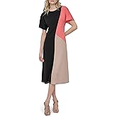 DKNY Women's Short Sleeve Jewel Neck Color Block Straight Hem Midi Dress
