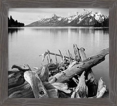 Amazon キャンバスアートフレーム入り ジャクソン湖の岸のドリフトウッド 背景のテトンのレンジ アンセル アダムスによるグランドテトン国立公園 ワイオミ 外側サイズ 25 X 22 アートフレーム ポスター オンライン通販