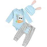 Newborn Baby Girls Boys Easter Outfits My 1st Easter Romper Bodysuit Stripe Bunny Pants Hat 3Pcs Clothes Set