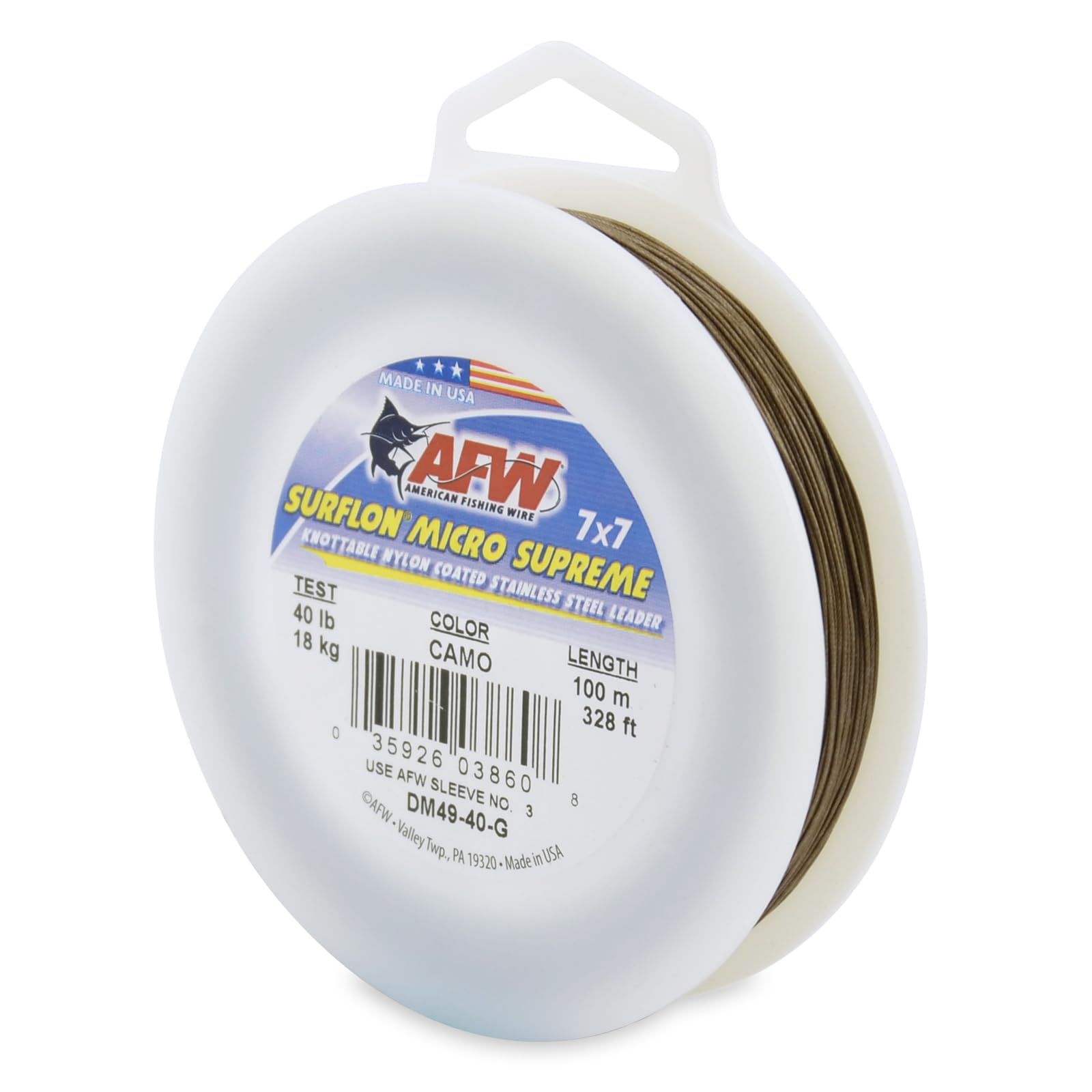 American Fishing Wire Surflon Micro Supreme, Nylon Coated 7x7 Stainless Steel Leader Wire, 40 lb Test, 024" Diameter, Camo, 100 m