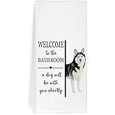 EXUQO Funny Bathroom Hand Towels Dishcloths for Dog Mom Dad Siberian Husky Lover Gifts,Welcome to The Bathroom a Dog Will Be with You Shortly,16x24 inch