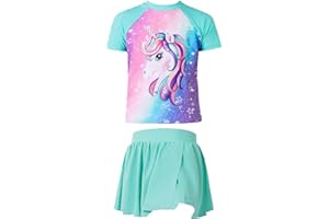 METEORITO Girls Rashguard Set Flowy Skirt with Butterfly Short Print Short Sleeve Shirt Non-See Through Swimsuit 3-12 Years