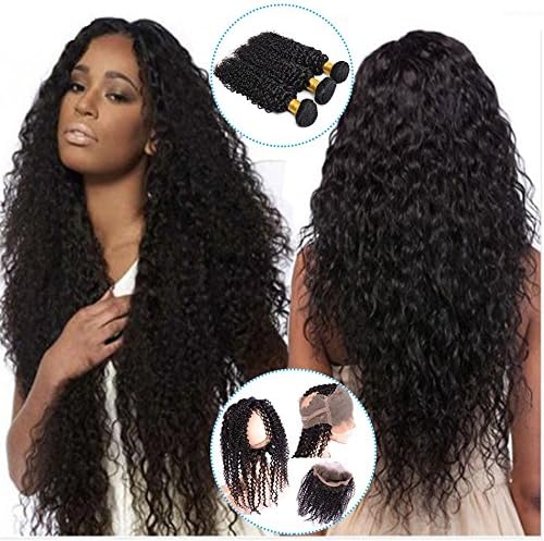 Brazilian Curly with 360 Frontal Deep Curly Hair Bundles Virgin Human Hair Extensions with 360 Free Part Lace Frontal Curly Weave With 360 Frontal (12 14 16 with 10, 1B)