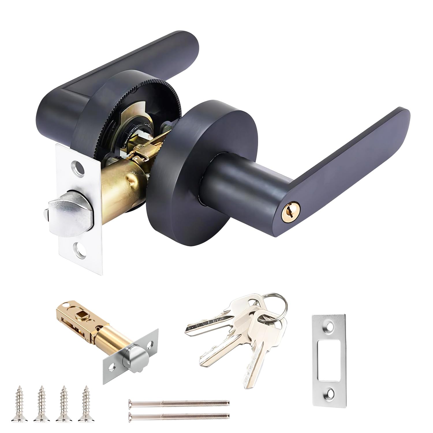 Qrity 1 PCS Passage Door Lever Set, Lever Latch Door Handle Lock, Latch Size 60/70mm, Round Security Door Lock/Door Knob with Keys, Black