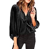 Womens Velvet Tops V Neck 3/4 Puff Sleeve Fall Winter Trendy Dressy Casual Loose Christmas Party Holiday Tunic Shirts