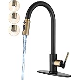 RALANDA Black and Gold Kitchen Faucet for RV & Bar Sink, Stainless Steel Kitchen Faucets with Pull-Down Sprayer Single Handle Gooseneck Design, 1/3 Hole Installation, Matte Black Finish