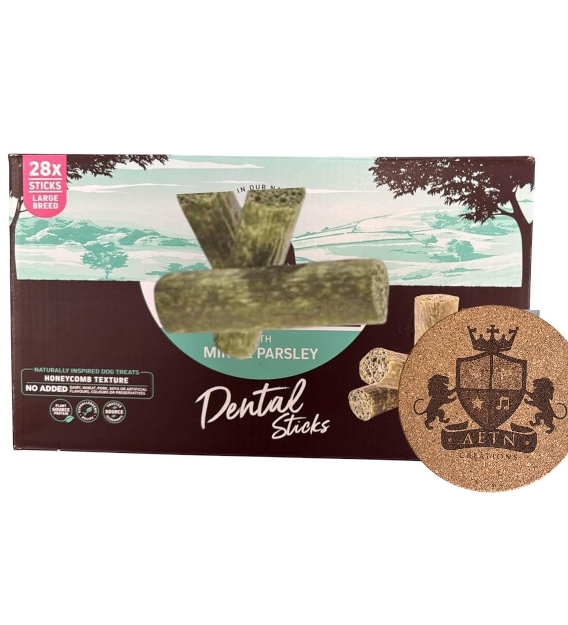 AETN Creations Bundle of Dental Sticks for Large Breed Dogs in Mint and Parsley 1x28 (1.06kg) Sticks to Support Oral Health plus AETN Coaster