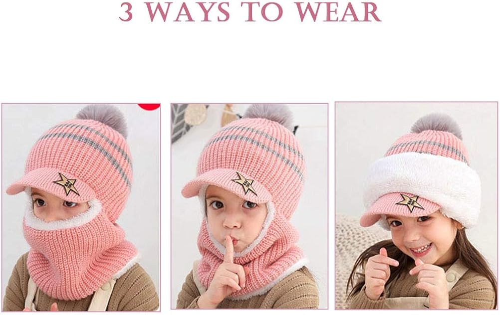 Uniyoung Baby Winter Warm Hat Scarf Toddler Girls Boys Ear Flaps Hood Balaclava Kids Fleece Lining Knit Pompom Beanie Hat with Visor Ski Snow Caps for 1-5 Years (Coffee) - Image 4