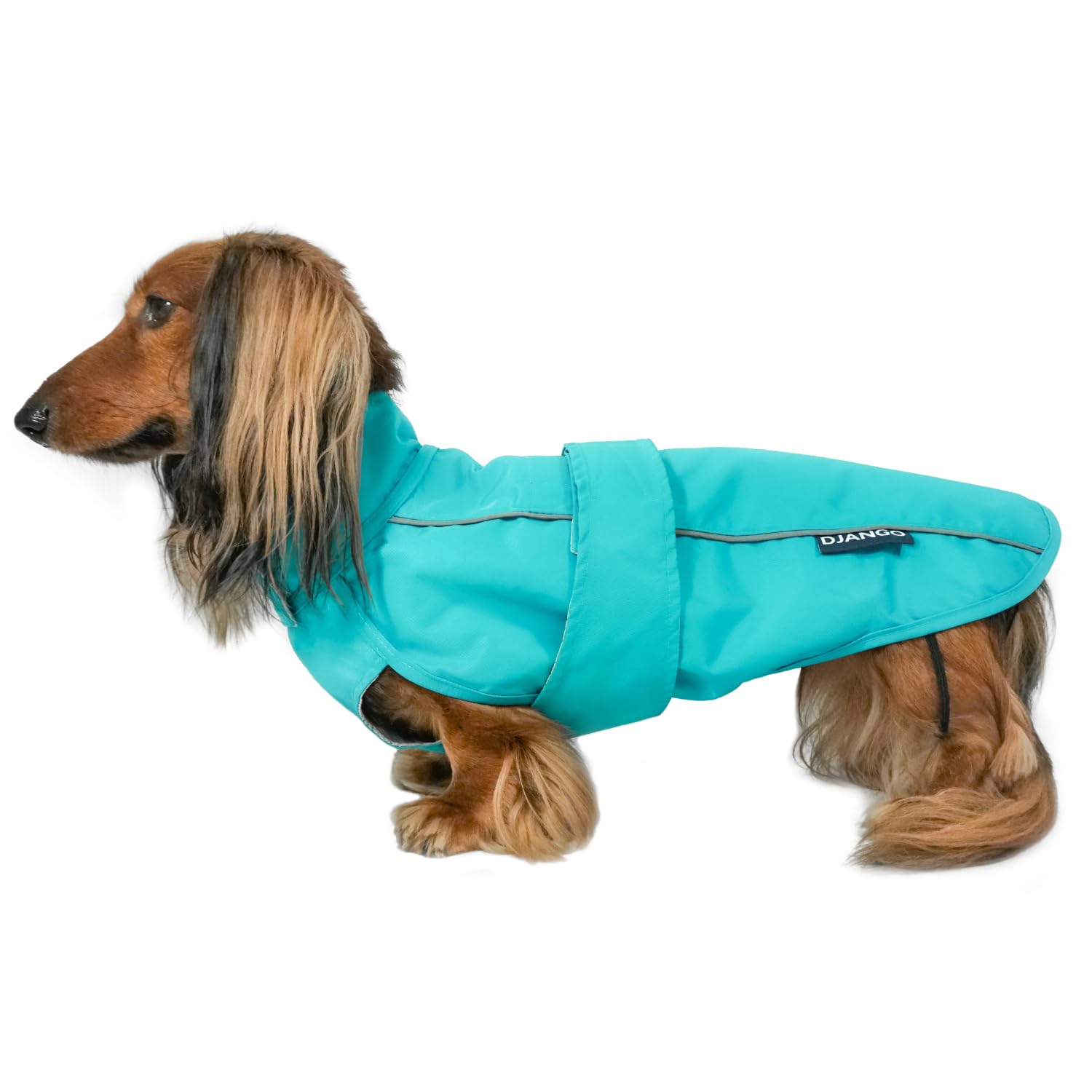 DJANGO City Slicker Waterproof Dog Raincoat and Lightweight Jacket for Long Dogs - Full Coverage Puppy Coat and Reflective Rain Slicker and Windbreaker - Adjustable with Harness Hole (Blue, Medium)