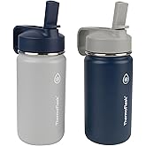 ThermoFlask Kids 14 oz Insulated Water Bottles with Straw Lid BPA-Free Stainless Steel Leakproof & Spill-Proof Design Easy Clean Wide Mouth 2-Pack for School, Sports, Playdates, Harbor Grey/Denim