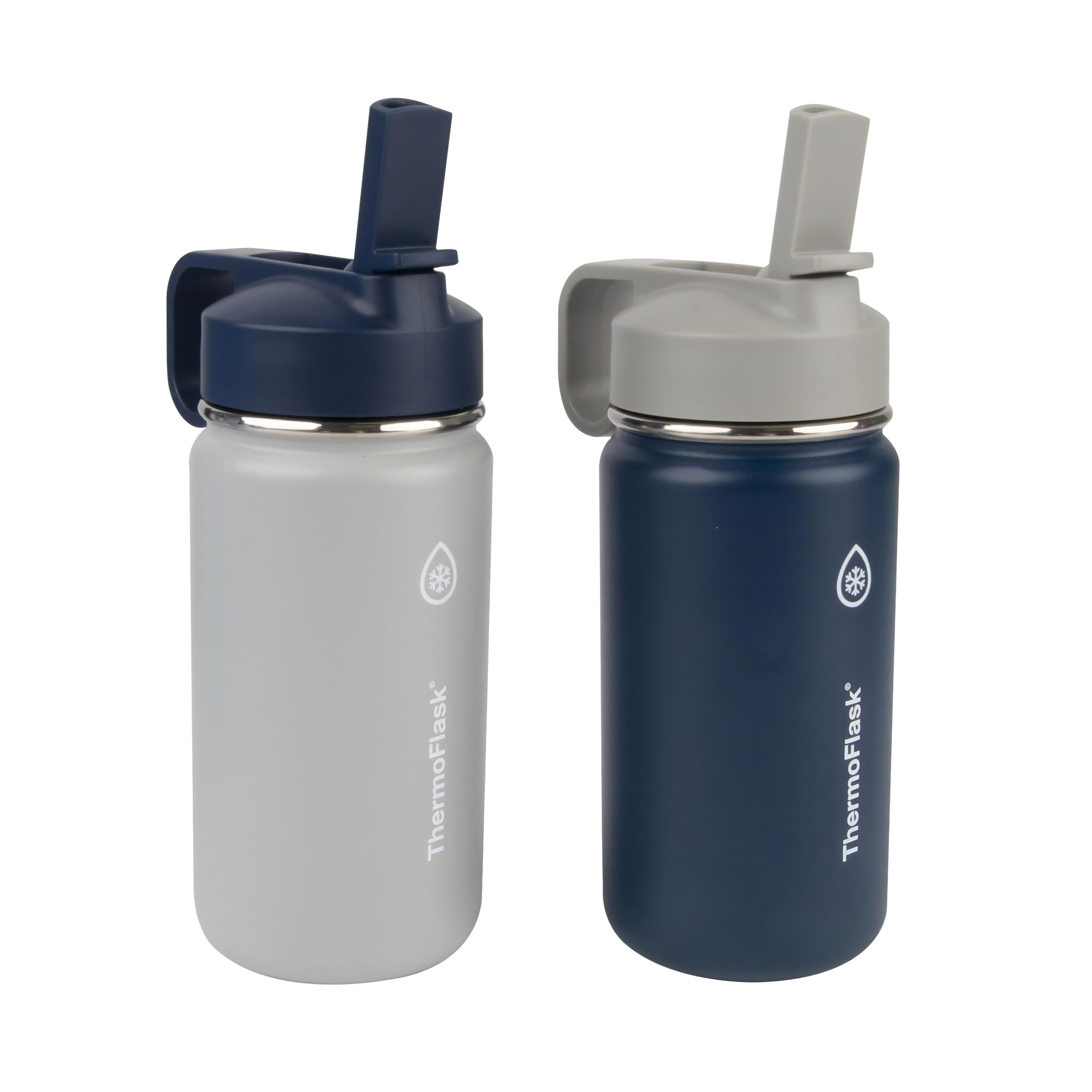 Photo 1 of ThermoFlask Kids Bottle with Straw Lid - Durable & Dishwasher-Safe Water Bottles & Lids - Leak-Proof Bottle Lid Design - Reusable Water Bottles for Everyday Use - 14 oz, Harbor Grey/Denim (2 Pack)