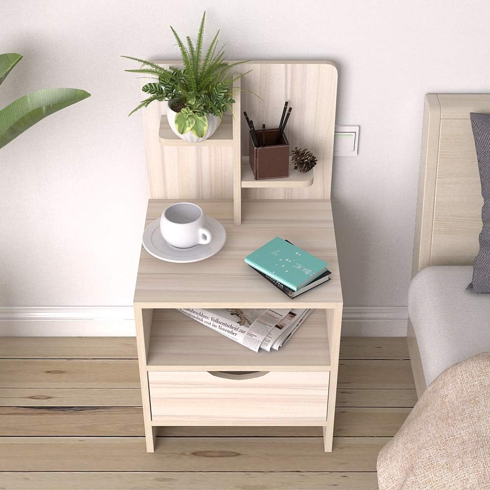 SogesPower Nightstand Bedside Table Wood End Table Coffee Table with Drawers and Shelves Bed Table Small Night Stand, White Maple, JZS-CT2-2-MP-N: Kitchen & Dining