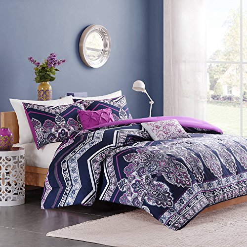 New 5 Piece Purple Color Geometric Floral Pattern Comforter Set