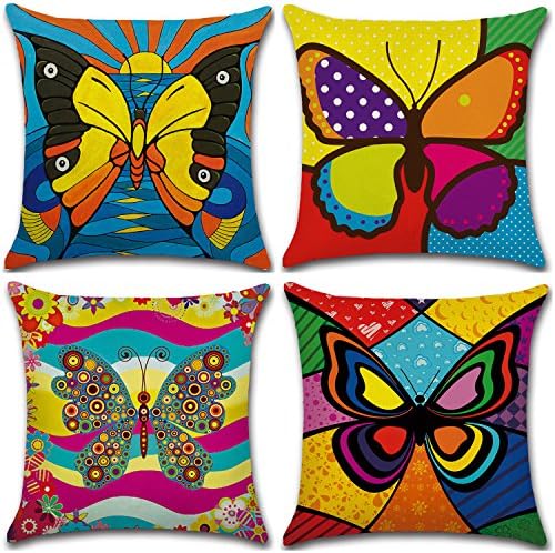 JIELEE Square Cotton Linen Cushion Pillows Cover 18 X 18 Inches, 4 Pack Colorful Butterfly Throw Pillow Covers Cases for Couch Sofa Bed Home Decor,