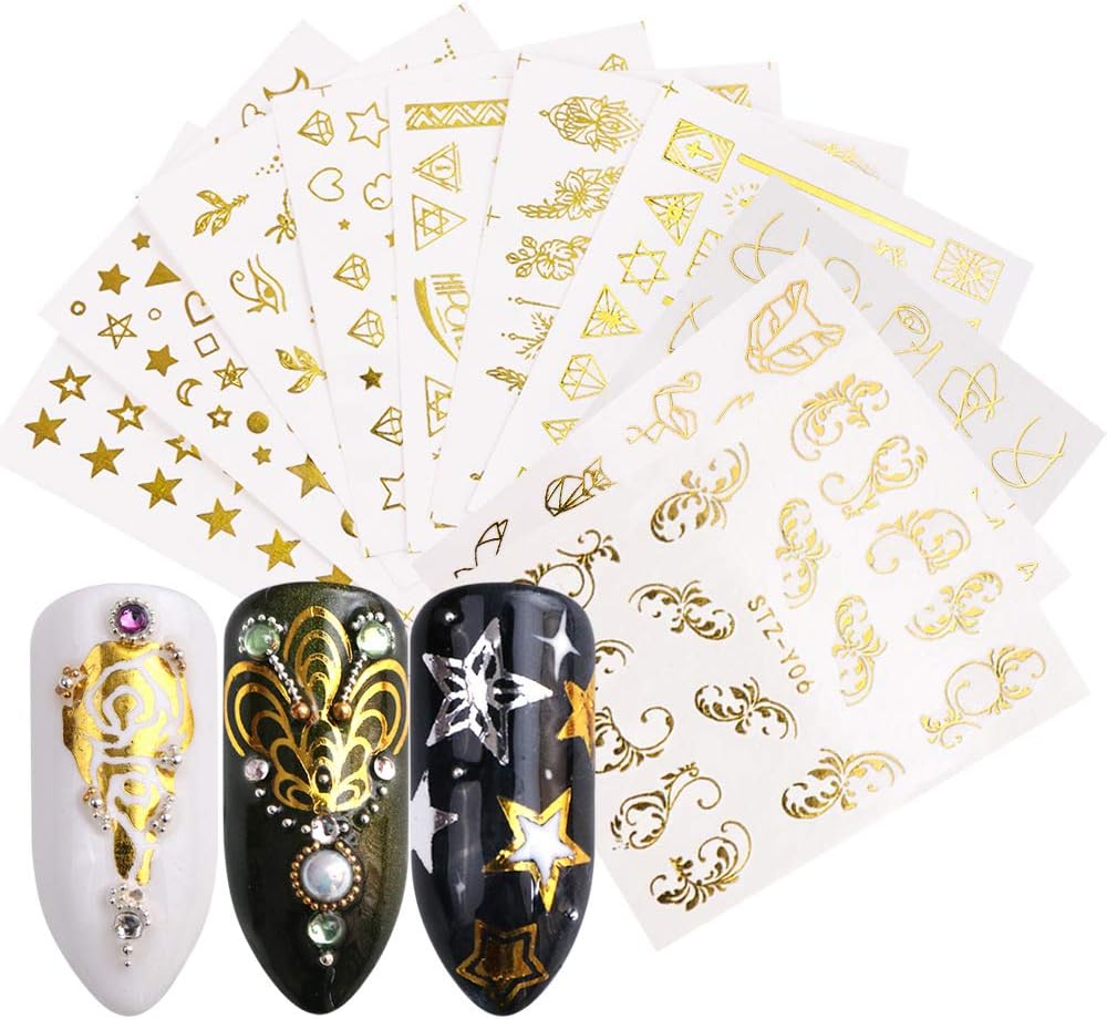 Hanzel Gold Nail Art Water Transfer Stickers - 20Pcs Mixed Pattern Metallic Nail Stickers Manicure DIY Nail Decals, Animals Butterfly Lace Moon Star Art Design Nail Decorations