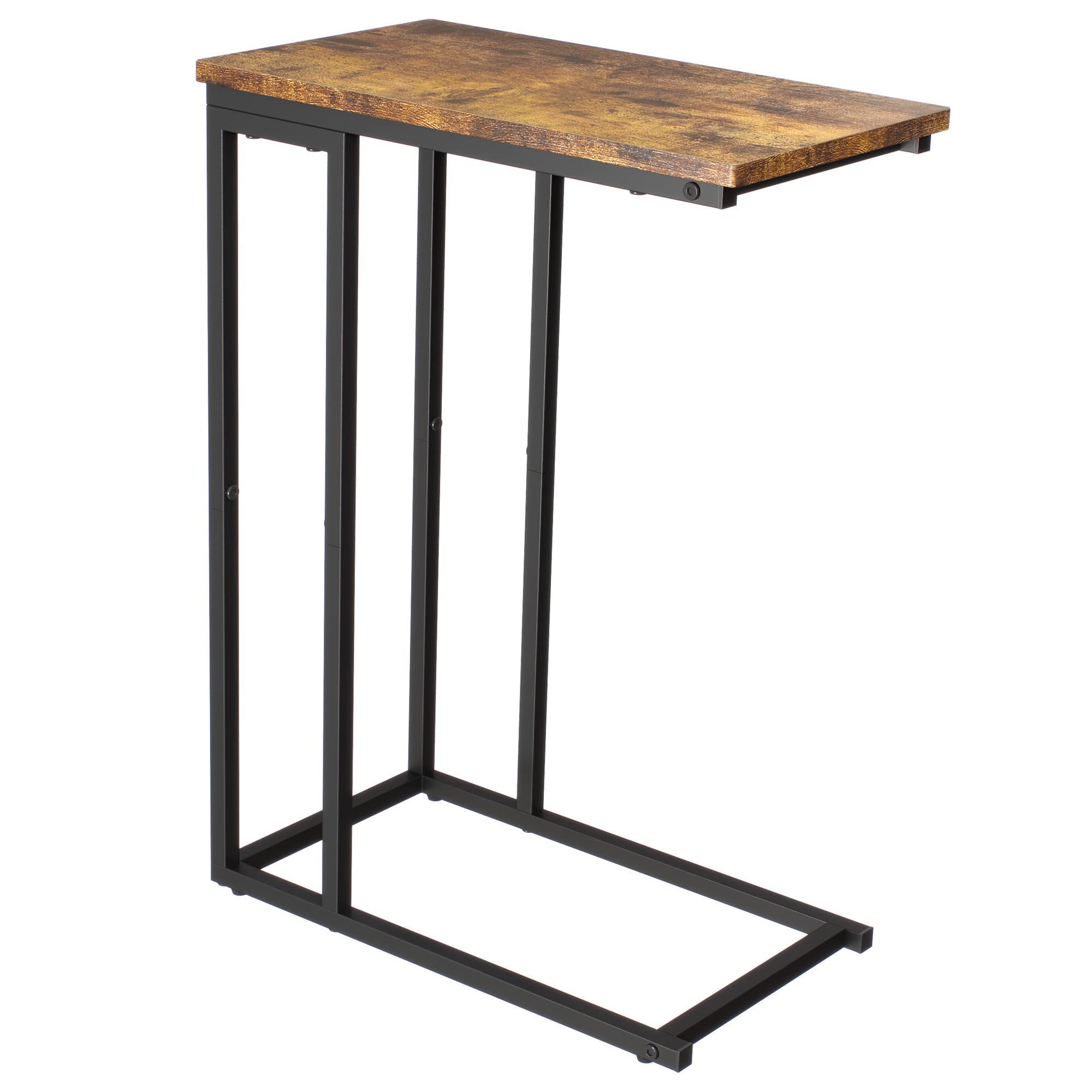 Yusong Small C Shaped End Table, Slim Narrow Couch Side Tables Slide Under Sofa Bed, Skinny Snack Tray Table for Coffee Laptop in Living Room, Rustic Brown and Black