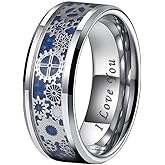TUTISS 8mm Blue Red Green Carbon Fiber Steampunk Gear Inlay Silver and Black Tungsten Rings for Men Women Wedding Bands Beveled Edges I Love You Engraved Comfort Fit