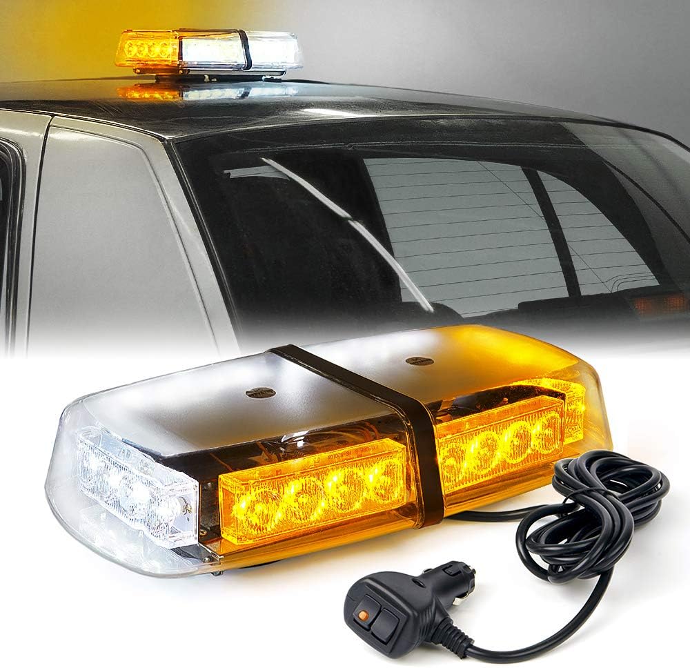 Xprite 24 LED 12 Inch Emergency Warning Flashing Rooftop Strobe Light with Magnetic Base for Snowplow Cars Trucks (White & Amber/Yellow)