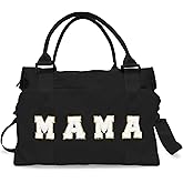Chenille Letter Duffle Bag, Mama Bag With Patches, Nylon Chenille Letter Embroidered Travel Bag, Lightweight Adjustable Mom Hospital Bag With Zipper for Mothers Day Gifts (Black)