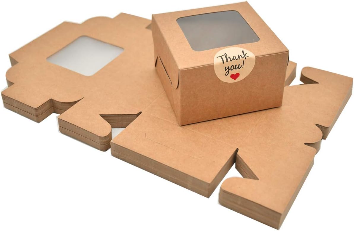 50 Pack Brown Bakery Boxes 4 x 4 x 2.5 Inches Kraft Paper Pastry Boxes