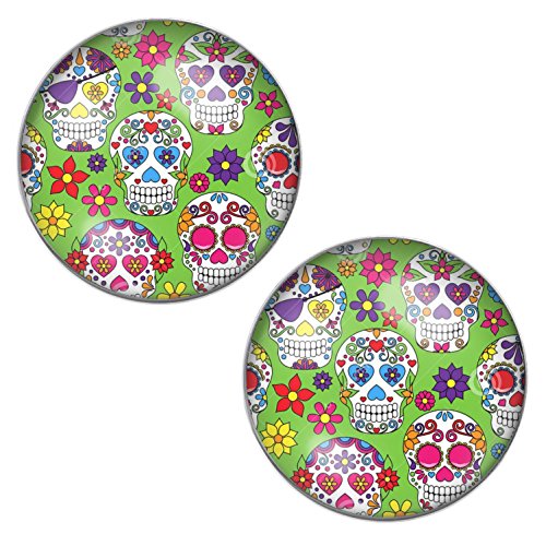 LilMents Sugar Skulls Mexican Calaveras - Green - Mens Womens Stainless Steel Stud Earrings