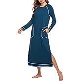 Ekouaer Women's Nightshirt Long Sleeve Nightgown Round Neck Sleepwear Full Length Pajama Dress with Pockets Loungewear S-XXL