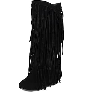 XHLEMON Women's Fringe Knee High Boots Round Toe Flat Hidden Heel Western Boots Long Tall Pull On Boots