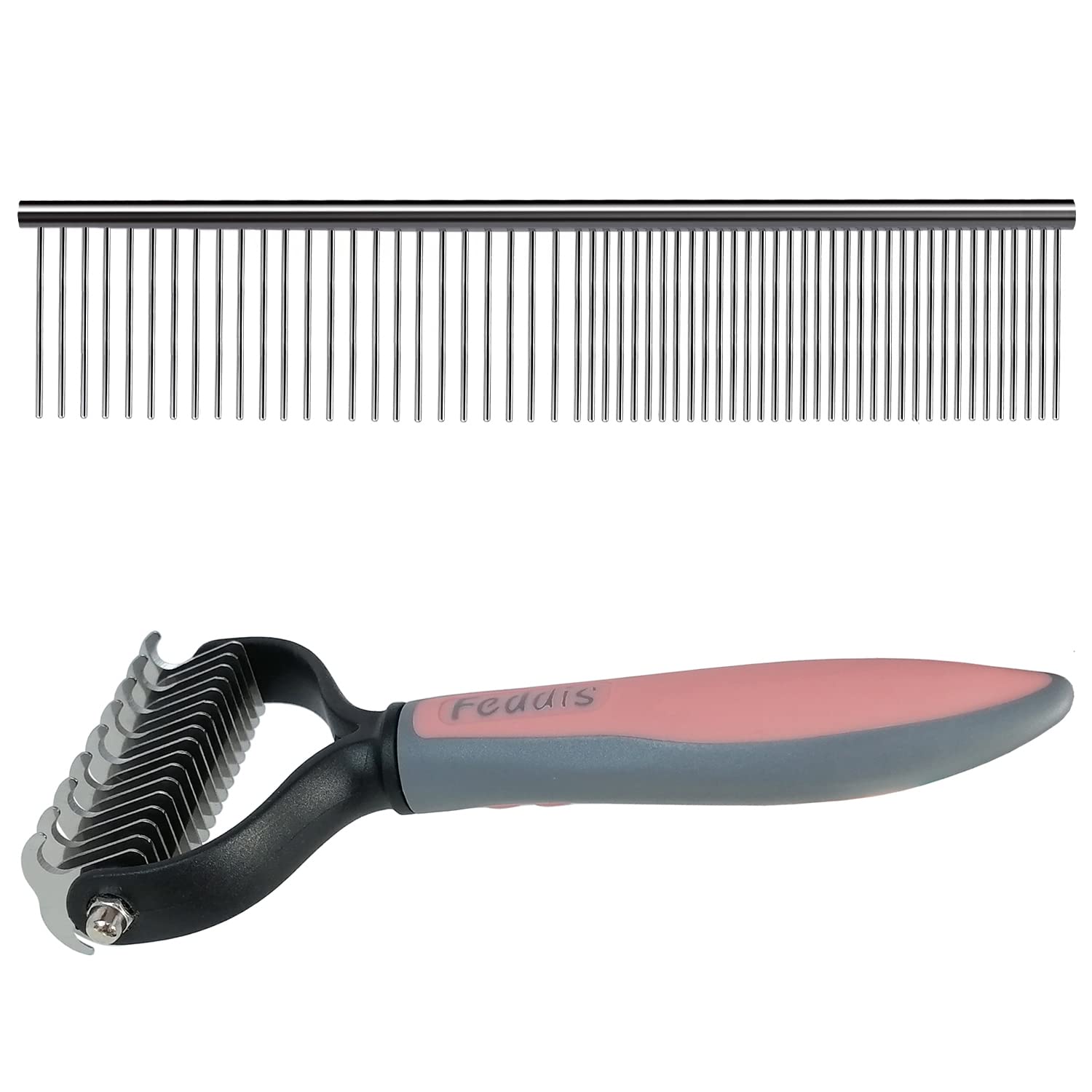 Stainless Steel Dog Comb Kit - Shedding & Dematting Rake Comb for Dogs & Cats (L, Orange)