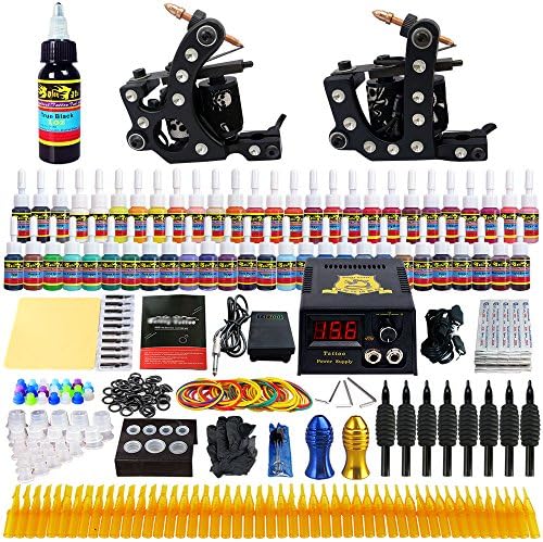 Complete Tattoo Kit 2 Pro Tatoo Machine Guns 54 Inks Power Supply Foot Pedal Needles Grip Tips