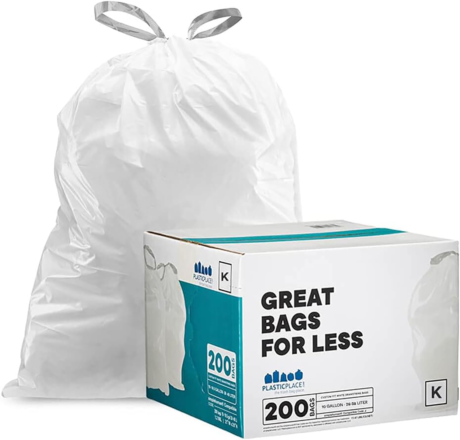 Plasticplace Custom Fit Trash Bags, Compatible with Simplehuman Code K, White Drawstring Garbage Bags Liners, 10 Gallon / 38 Liters, 24" x 28" (200 Count) Heavy Duty Trashbags Home Essentials Large Image