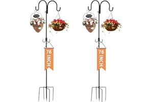 DWELSPIRE Outdoor Double Shepherds 4 Hook with 5 Prong Base, 76 Inch Adjustable Heavy Duty Sided Bird Feeder Pole Stand for Hanging Plant Baskets, Solar Light Lanterns, Hummingbird Feeder, 2 Pack