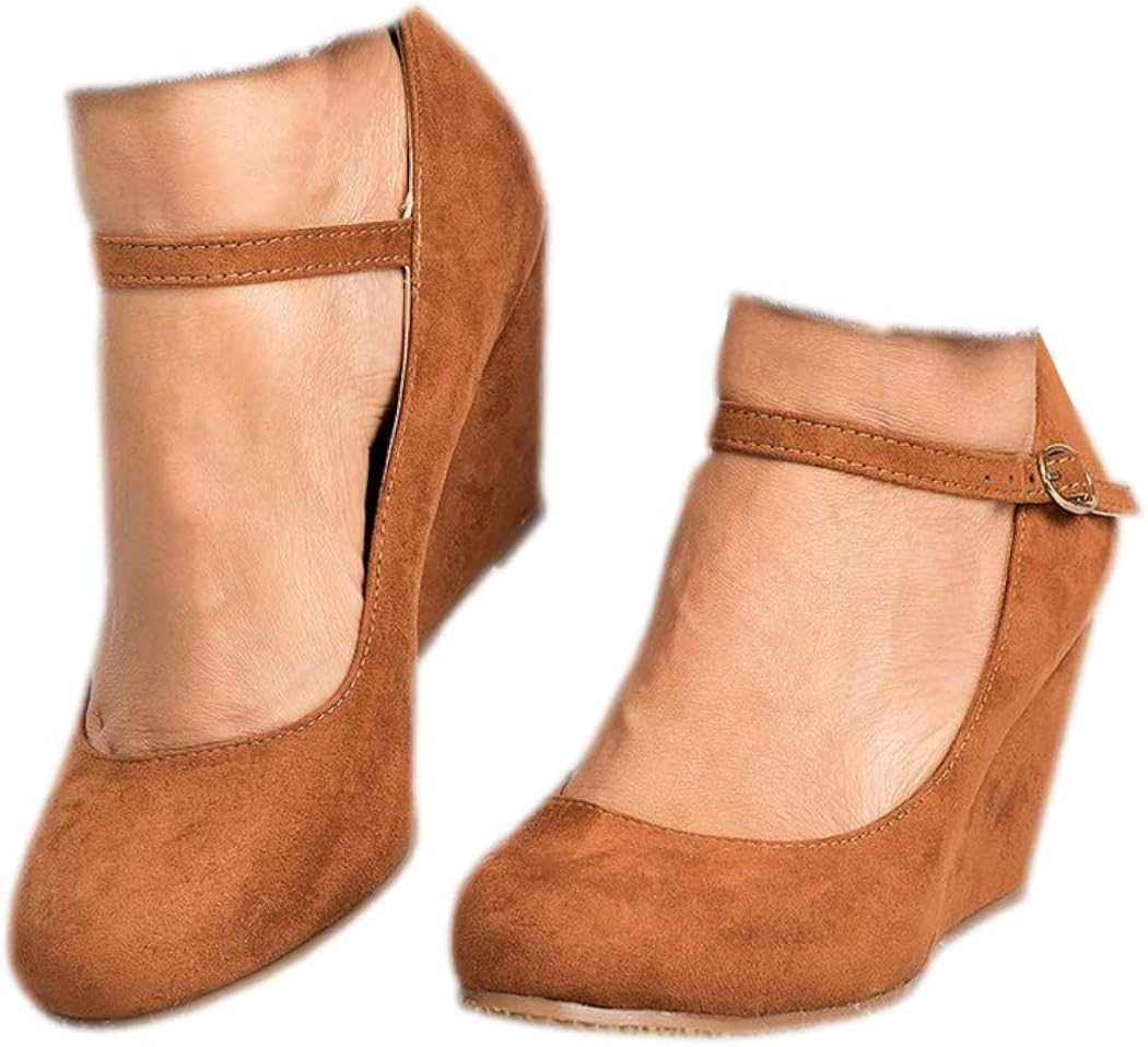 Womens Wedge Pumps Mary Jane Ankle Strap High Heel Round Toe Office Work Wedding Shoes