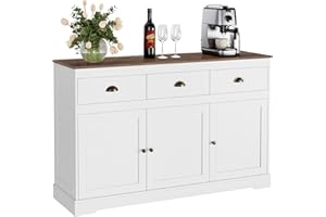 Keyluv White Buffet Cabinet Storage Sideboard Farmhouse Server Bar Wine Cabinet with 3 Drawers & 3 Doors Adjustable Shelves Console Table for Dining Living Room Kitchen Cupboard