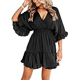 Aoysky Womens V Neck Casual Dresses Summer Loose High Waist Ruffle Pleated Cute Mini Short Dress