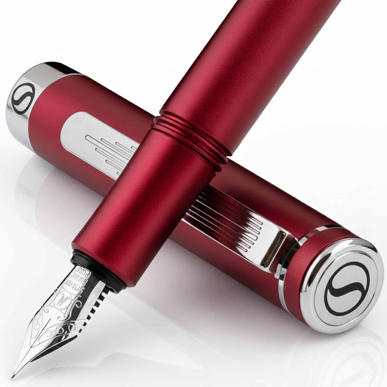 Scriveiner Luxury EDC Fountain Pen (Fine), Stunning Matt Red with Chrome Finish, Schmidt German Nib, Converter, Best Writing Gift Set for Men & Women, Nice Fancy Office Designer Pocket Pen