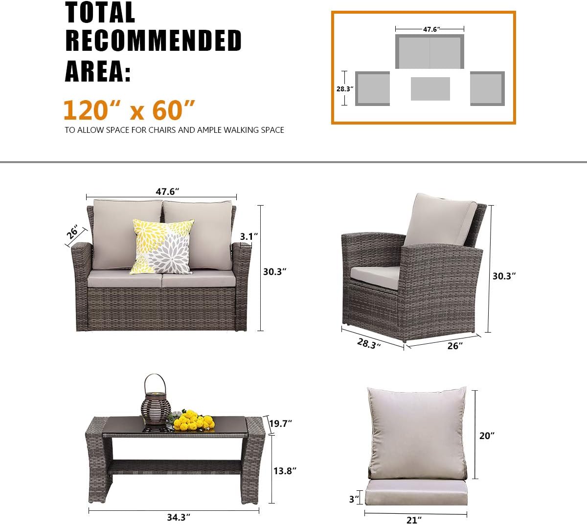 Wisteria Lane 4 Piece Outdoor Patio Furniture Sets, Wicker Conversation Set for Porch Deck, Gray Rattan Sofa Chair with Cushion: Garden & Outdoor