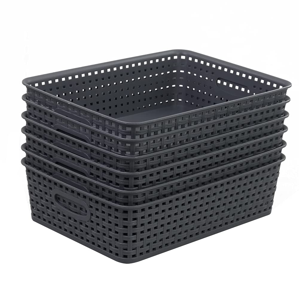 Yarebest 6 Packs Grey Woven Storage Baskets, Plastic A4 Shallow Tray Basket