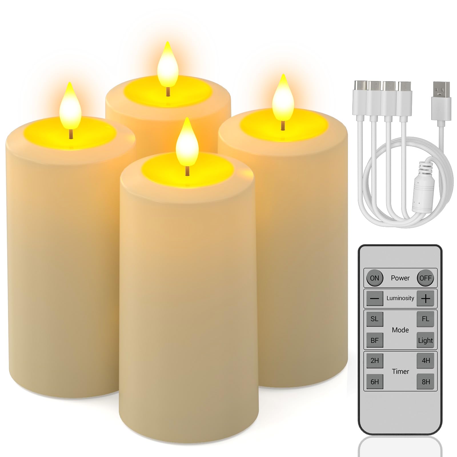 Photo 1 of PChero Rechargeable Flameless Candles with Remote Timer, 4 Packs 6.1" x 2.7" Outdoor Waterproof Battery Operated LED Flickering Electric Fake Pillar Candles for Lanterns Porch Patio Decor