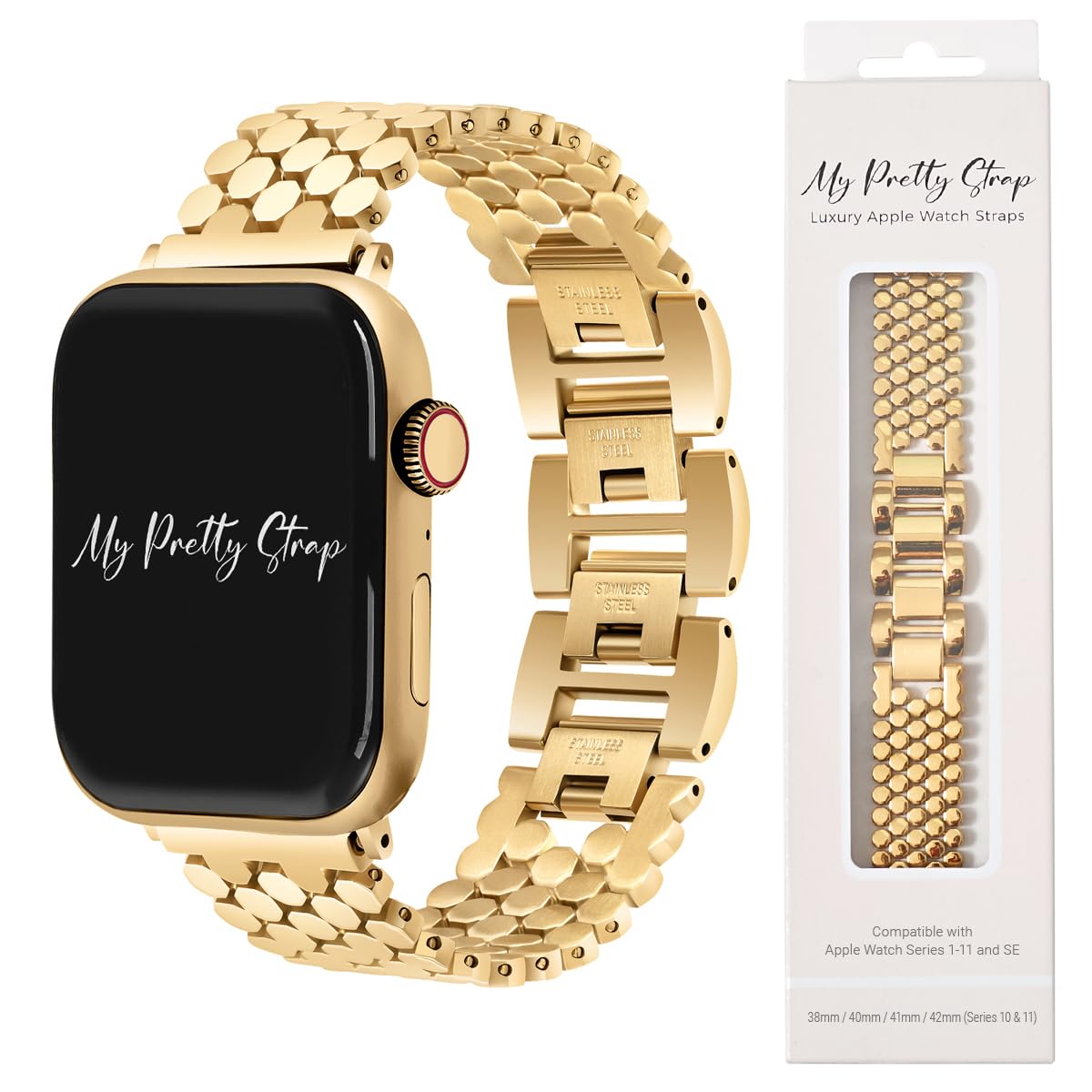 Compatible Apple Watch Band - Stainless Steel iWatch Strap for Women - Series 1-10, SE & Ultra (42MM / 44MM / 45MM / 49MM, Gold) - Honeycomb