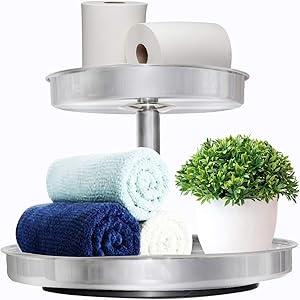 12Inch 2-Tier Lazy Susan Turntable, Stainless Steel Lazy Susan Cabinet Organizer, 360-Degree Rotatable Food Storage Stand, Metal Tiered Tray for Party Kitchen Bathroom