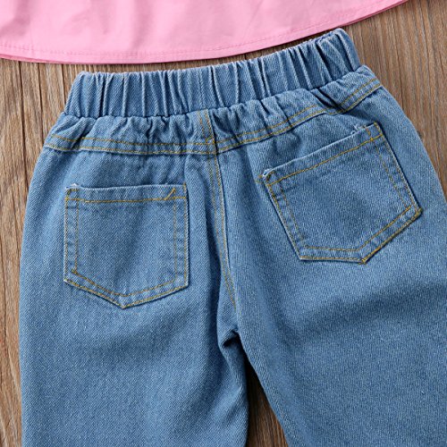 3pcs Baby Girls Kids Off Shoulder Lotus Leaf Top Holes Denim Jeans Headband Outfits Set (2-3Y, Pink) - Thumbnail 5