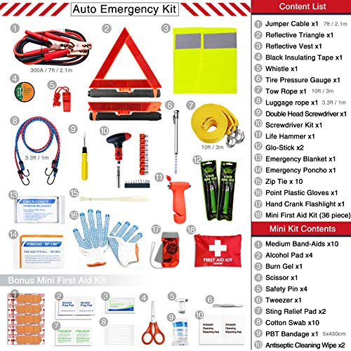 RISEN Premium Roadside Assistance Car Emergency Kit + Bonus First Aid Kit - Auto Safety Kit Contains Jumper Cables, Warning Triangle, Tow Rope, Screw Kit (63 Pcs/Pack)