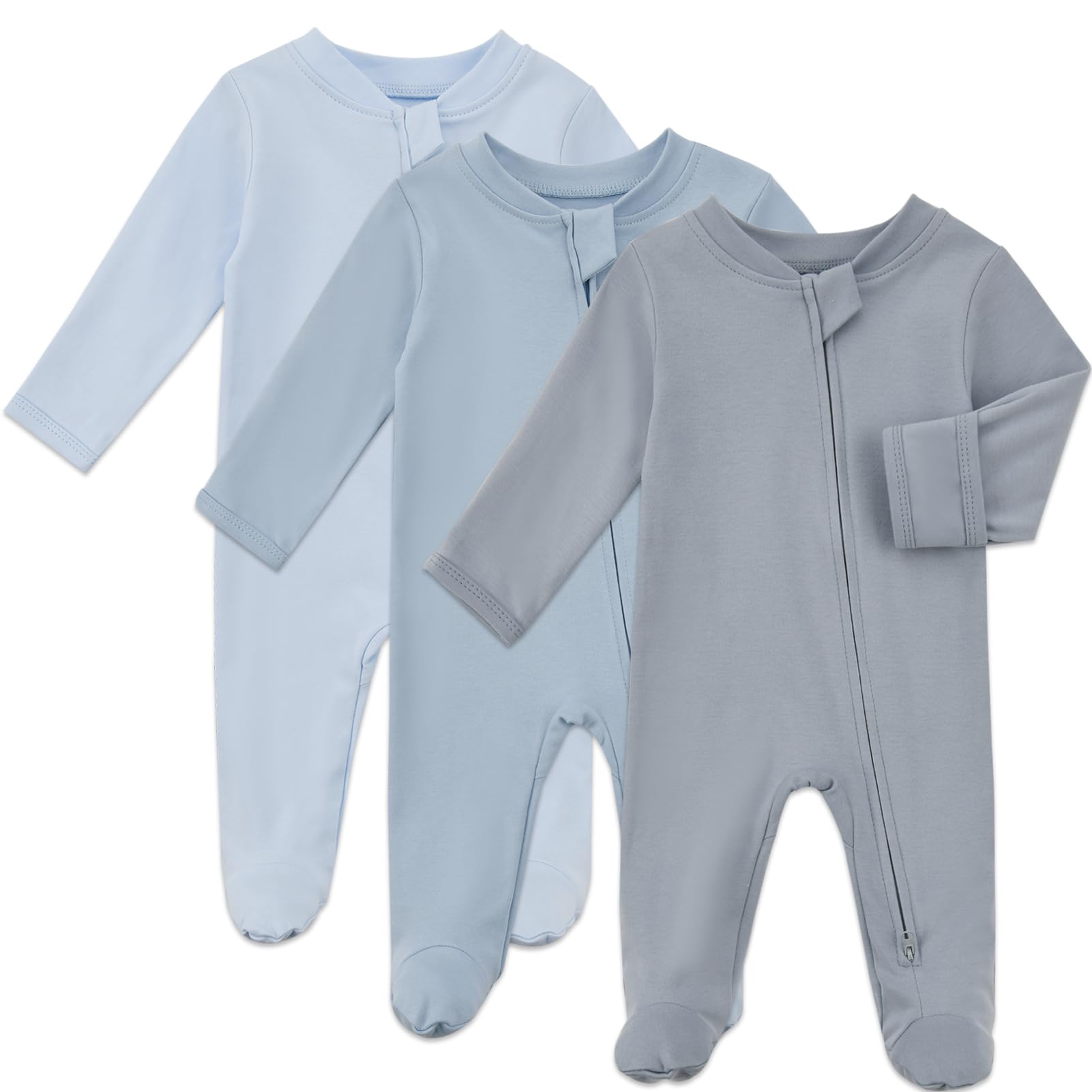 Photo 1 of Aablexema Baby Organic Cotton Footed Pajamas Zip Up Preemie Newborn One Piece Long Sleeve Onesie Pjs(Blue Set,0-3m)