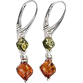 Amber Earrings - Sterling Silver Baltic Honey and Green Amber French Leverback Dangle Earrings - Sterling Silver Jewelry Collection