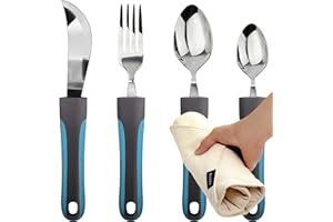 BUNMO Adaptive Utensils - Knives Forks and Spoons Set for Elderly People Disability Parkinsons Arthritis Aid Handicapped Hand Muscle Weakness Large Grip Built Up Utensils (Blue)