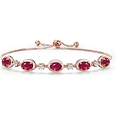 Gem Stone King 18K Rose Gold Plated Silver Red Ruby and Lab Grown Diamond Bracelet For Women | 5.40 Cttw | Gemstone July Birthstone | Oval 7X5MM | Fully Adjustable 9 Inch