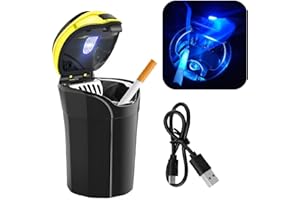 povtii Car Ashtray with Lid, Rechargeable Stainless Steel & ABS, Portable Smell-Proof, LED Light Indicator, Detachable Lighter, Golden