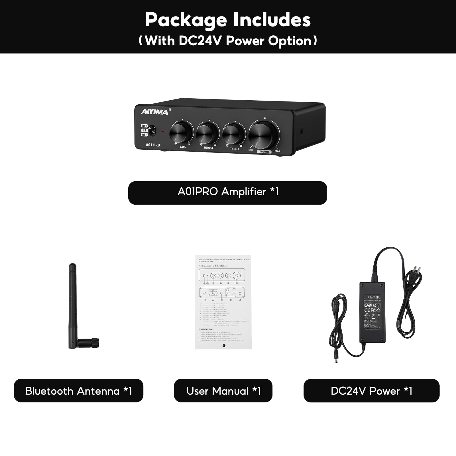AIYIMA A01 Pro 100W x 2 Power Amplifier Bluetooth 5.1 Class D Amp TPA3116 2.0/2.1 Channel Stereo Amplifier Receiver Mini Speaker Amp with 3.5mm AUX Output + DC24V Power Adapter Black