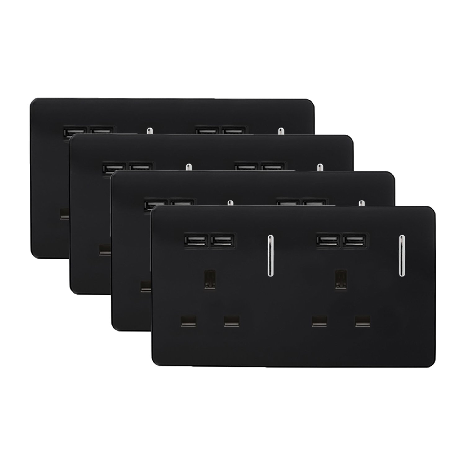 Trendi 2 Gang Artistic Modern Glossy 13 Amp Short USB Switched Plug Socket Black x 4 Trade Pack